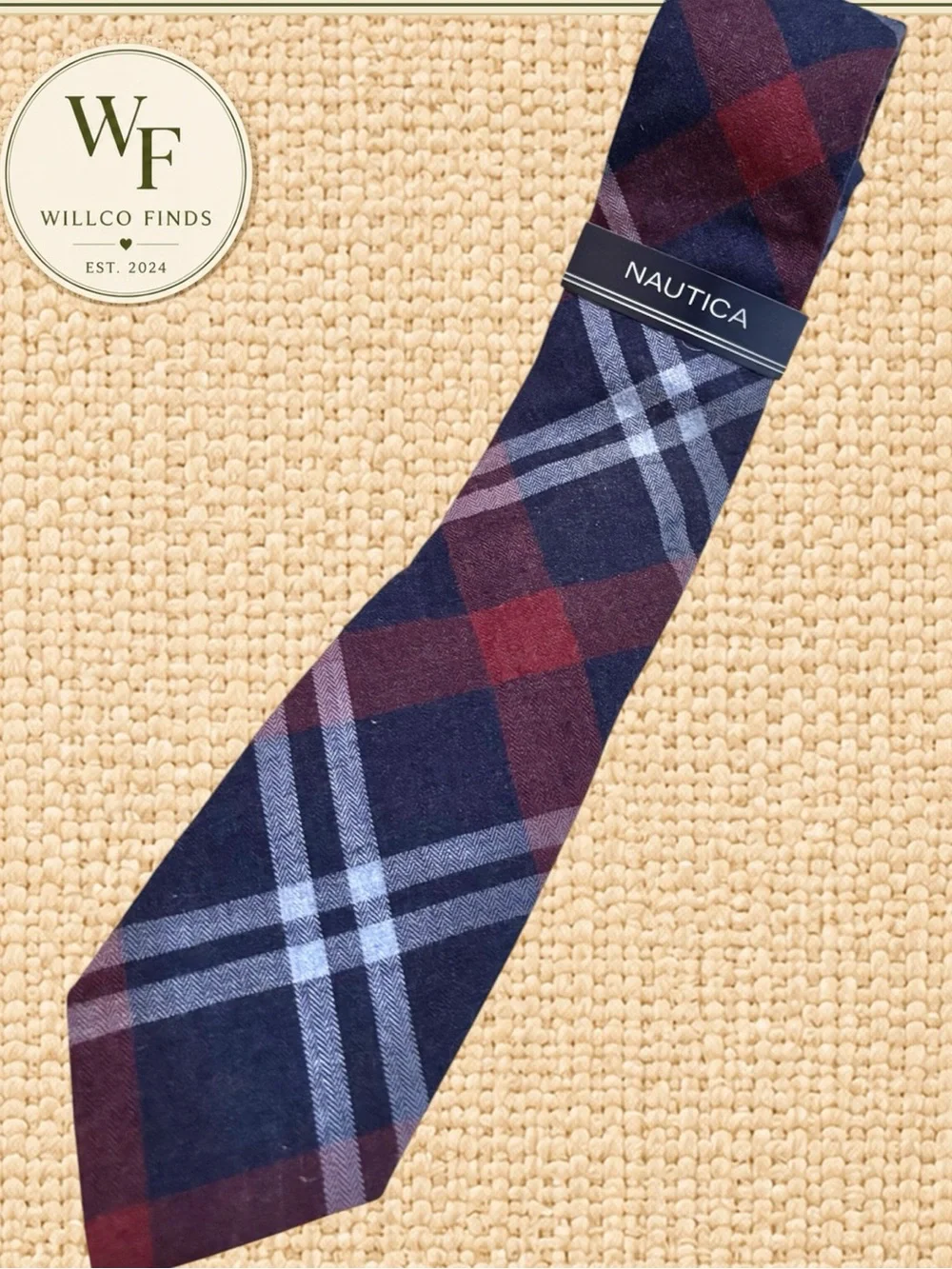 NWT Nautica Men’s Navy Plaid Tie with Burgundy Accents